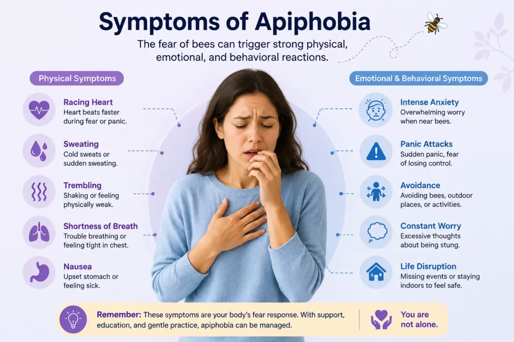 Apiphobia symptoms including anxiety, racing heart, and panic response