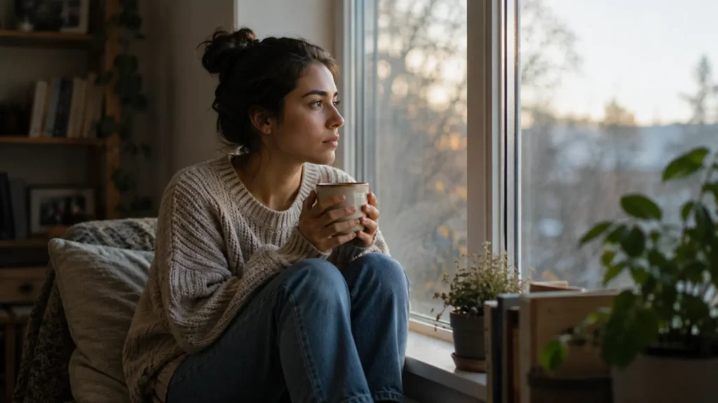 Thoughtful adult sitting by a window reflecting on attachment and past experiences