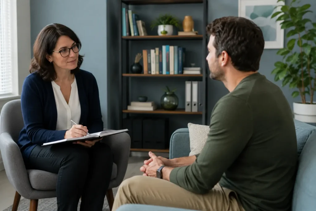 Behavioral health provider talking with a patient in a supportive care setting