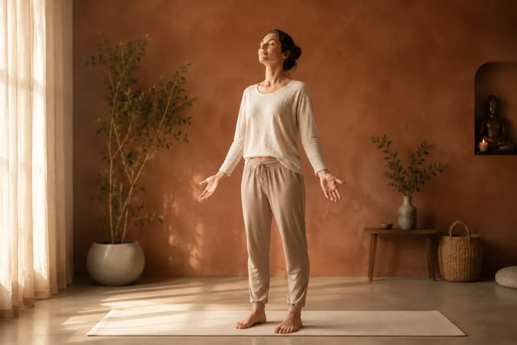Woman standing with open palms and eyes closed, experiencing somatic trauma release