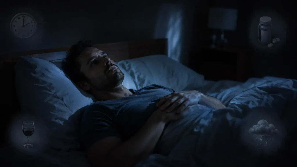 How to Stop Dreaming at Night? A man lying awake in bed at night, representing stress and anxiety as a common cause of excessive dreaming and disrupted sleep.