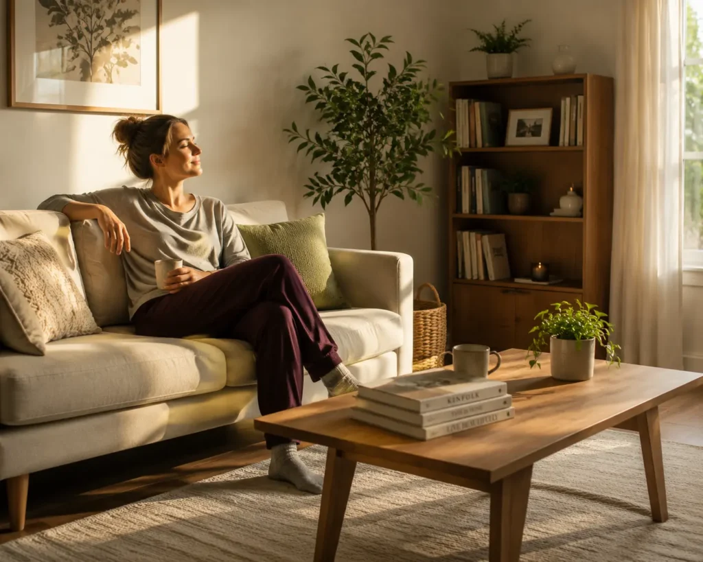 Clean and calm living room showing mental health benefits of tidying up during depression