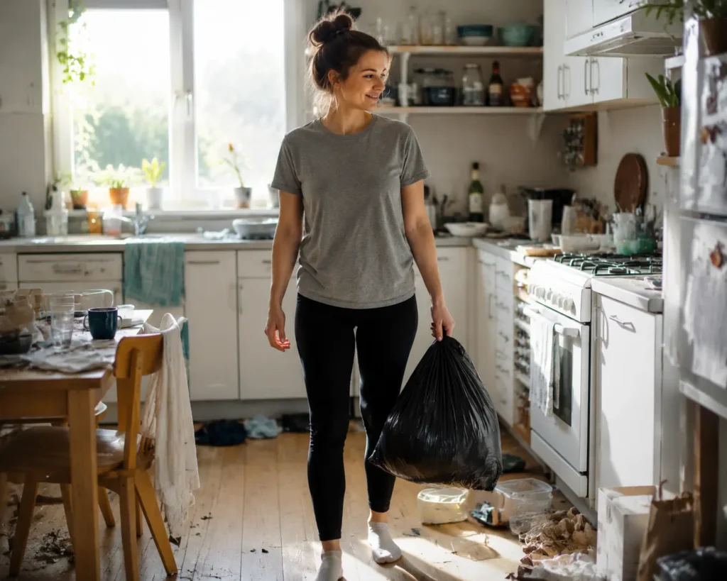Person starting a depression clean up by picking up trash in the kitchen