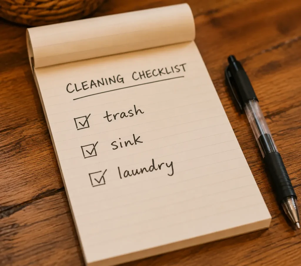 How to Get Motivated to Clean When Depressed? A handwritten depression cleaning checklist on a notepad