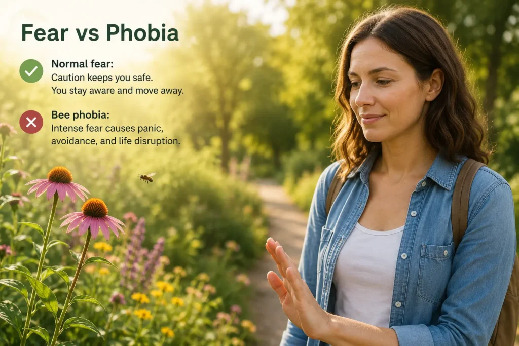 Adult calmly managing fear of bees near flowers
