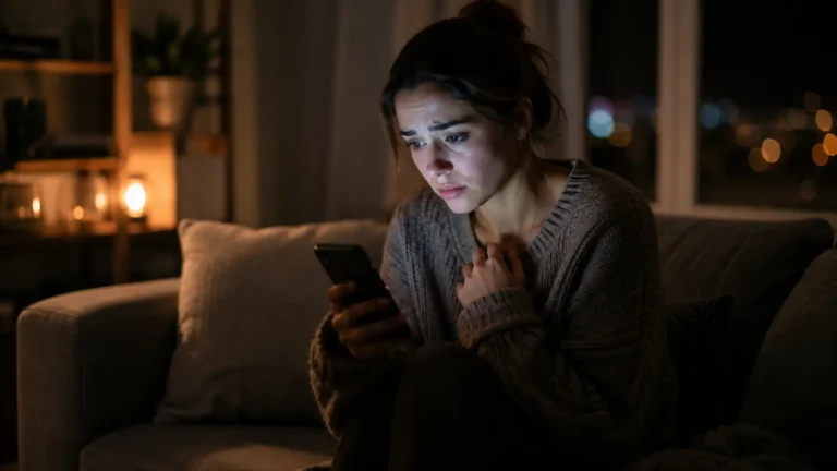 Woman sitting alone at night checking her phone with anxious expression due to fear of losing someone