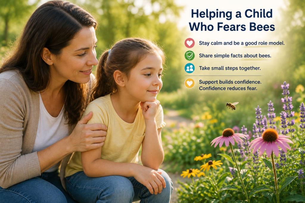 Parent helping a child with fear of bees in a calm outdoor setting