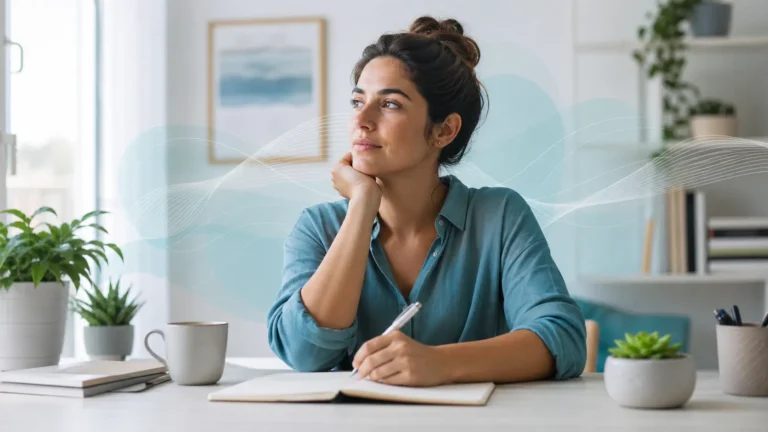 Adult journaling calmly to understand bipolar thought patterns and mood changes