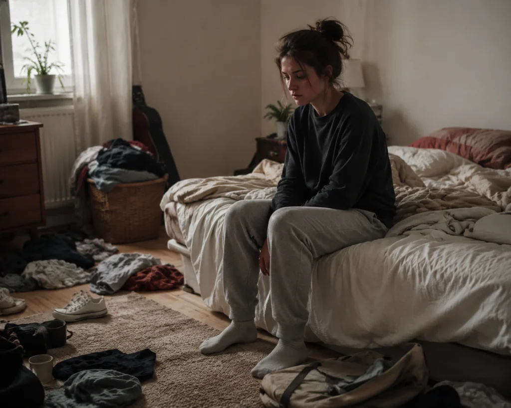 Woman sitting on bed struggling to get motivated to clean when depressed