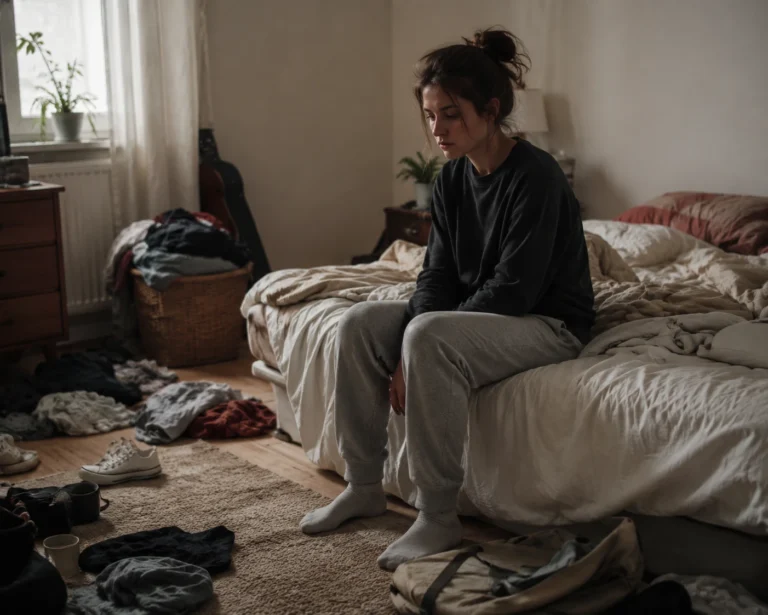 Woman sitting on bed struggling to get motivated to clean when depressed