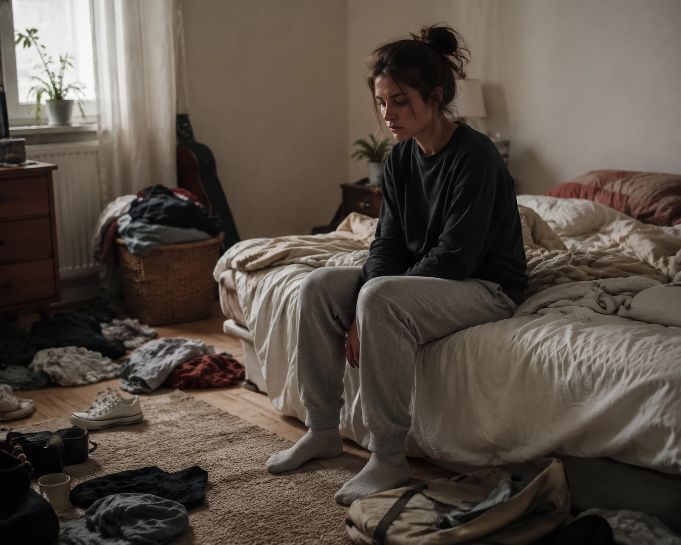 Woman sitting on bed struggling to get motivated to clean when depressed