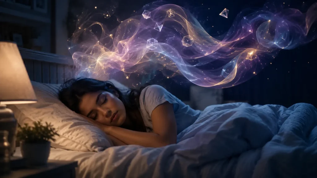 A woman sleeping in a softly lit bedroom with ethereal dream imagery above her, illustrating vivid dreaming at night.