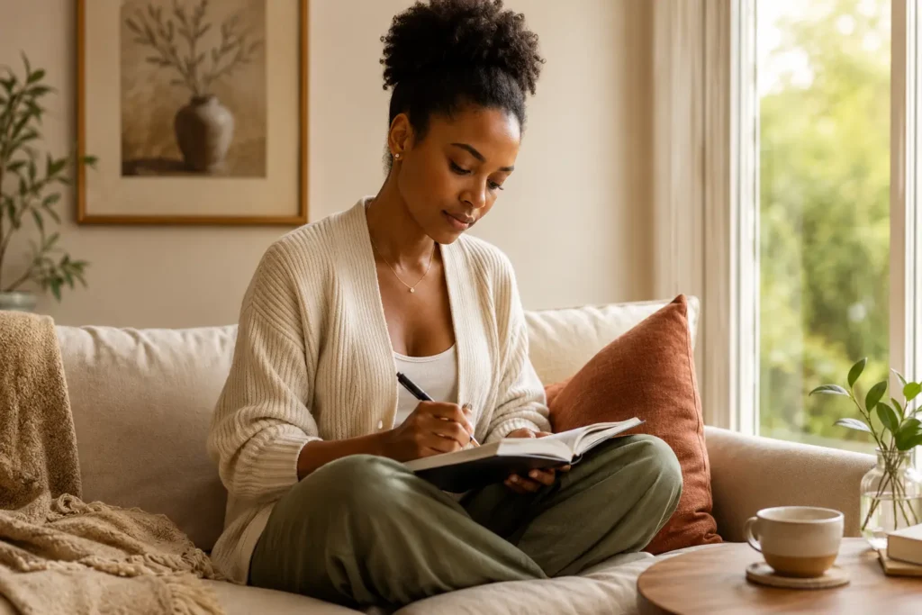 A young woman sitting on a sofa writing in her journal near a window,
using journaling as a coping technique to process spiraling thoughts
and anxiety