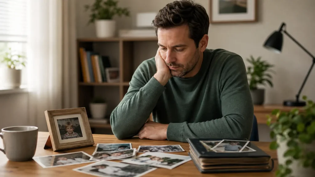 Adult thinking while looking at old childhood photos on a desk