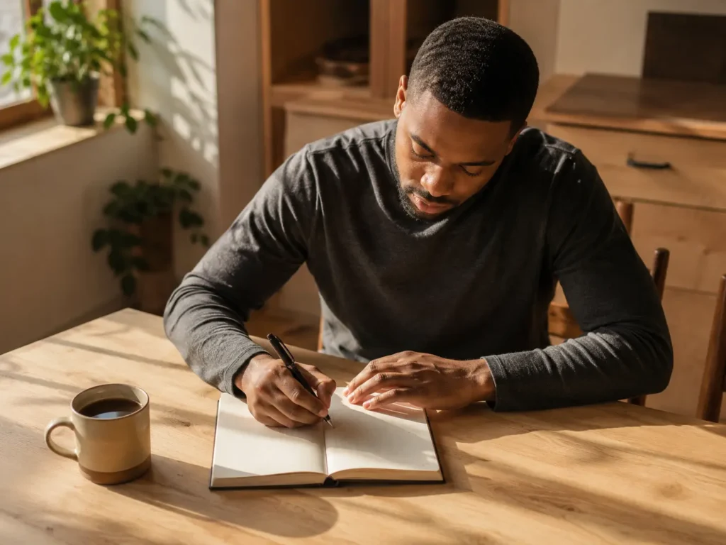 A man writing in a journal at a kitchen table, practicing daily emotion journaling to support mental health recovery