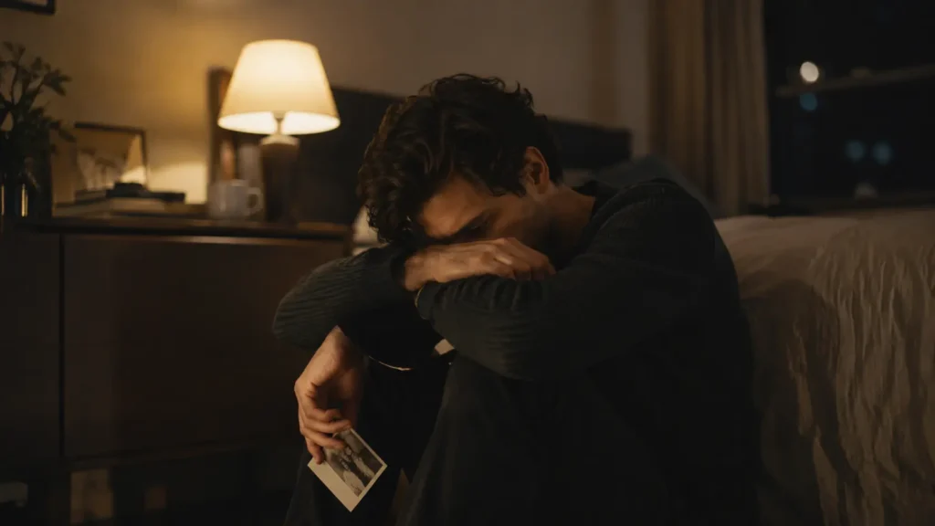 Man sitting on the floor at night, head down, lost in painful memories of the past