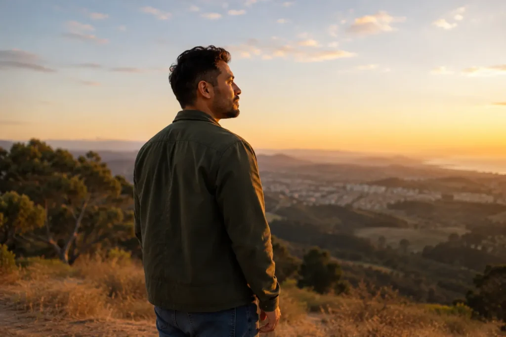 A man standing on a hillside at golden hour, looking toward the horizon with quiet strength and hope after mental health recovery