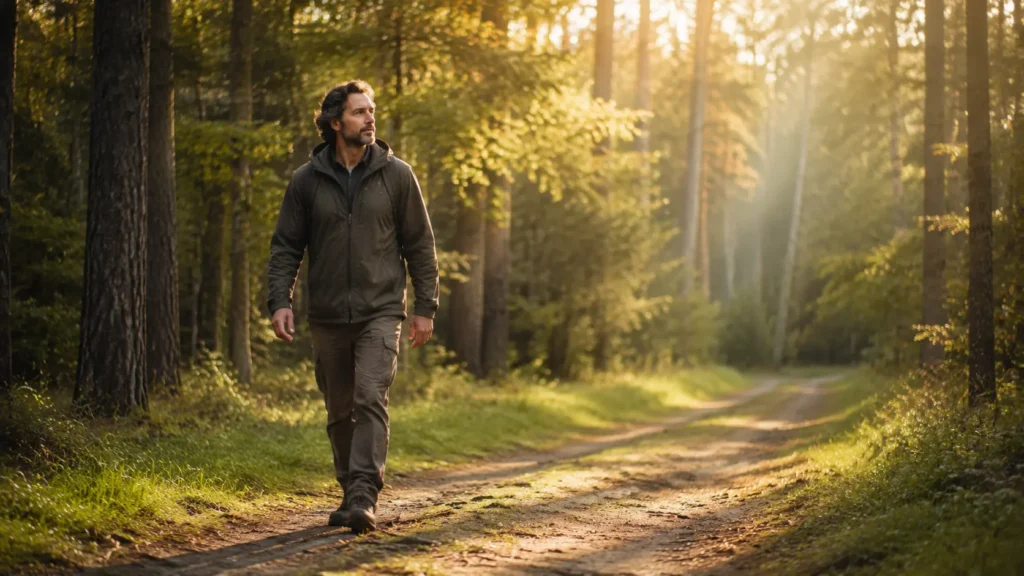 Man walking along a forest path, symbolizing moving forward one step at a time