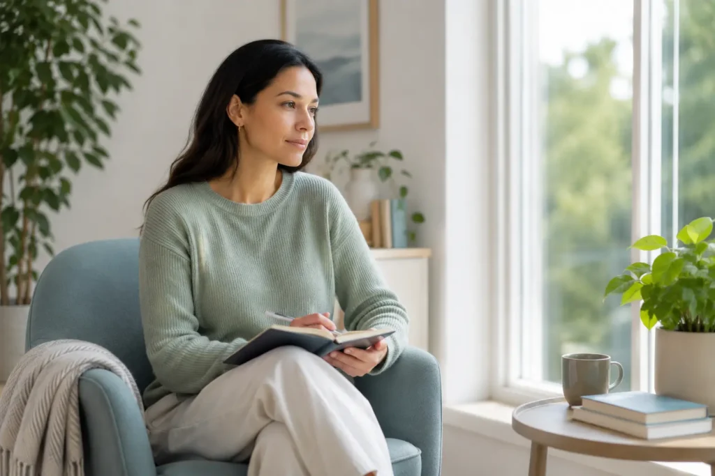 Person reflecting on emotional and mental well-being in a calm setting