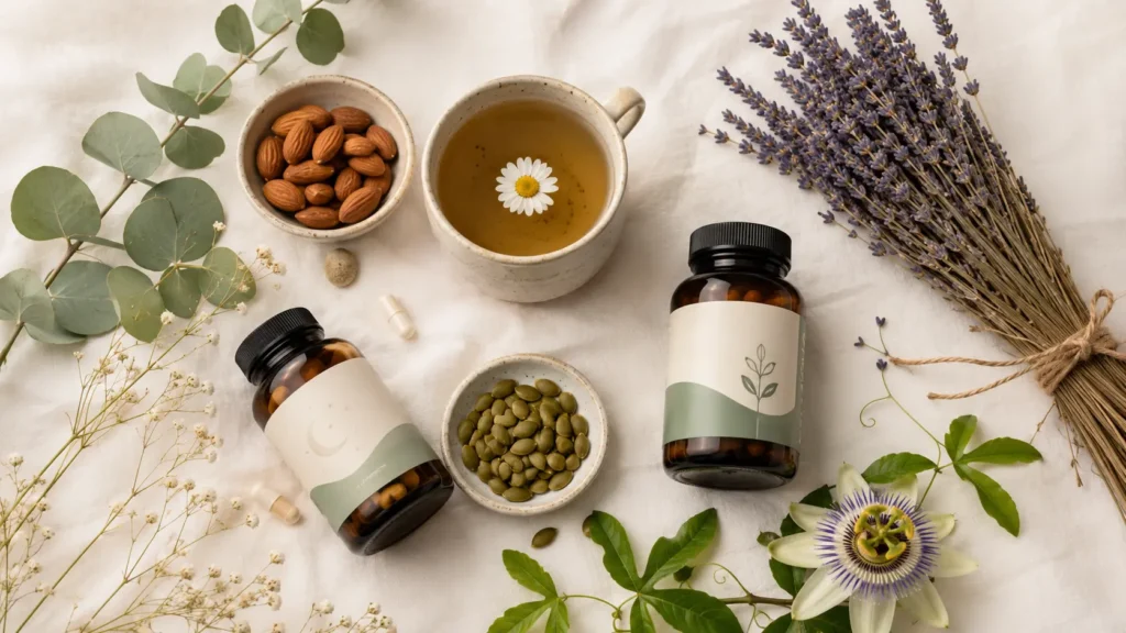 Natural sleep remedies including melatonin, lavender, chamomile tea, and magnesium supplements arranged as a flat lay to support calmer sleep.