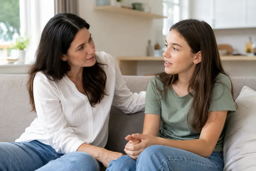 Parent and teen having a supportive conversation about mental and behavioral health