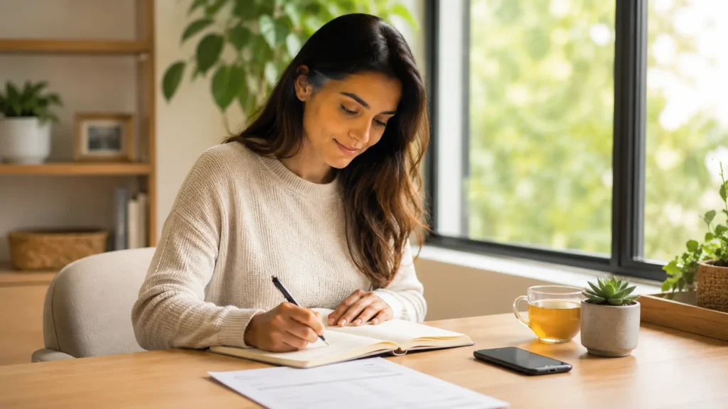 A woman writing in a wellness journal and reviewing a checklist while preparing for her biopsychosocial assessment appointment.