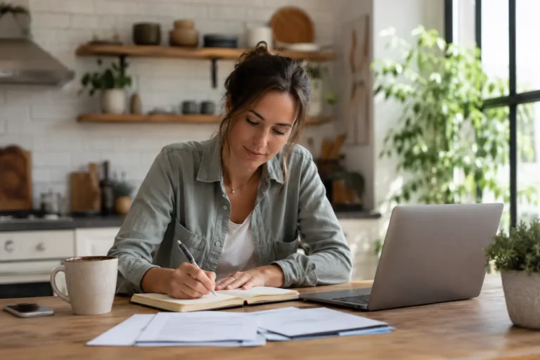Woman writing an action plan in a notebook to address a stressful situation.