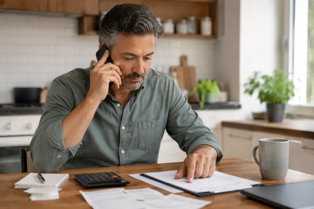 Man calling a creditor while reviewing bills and a budget at a kitchen table.