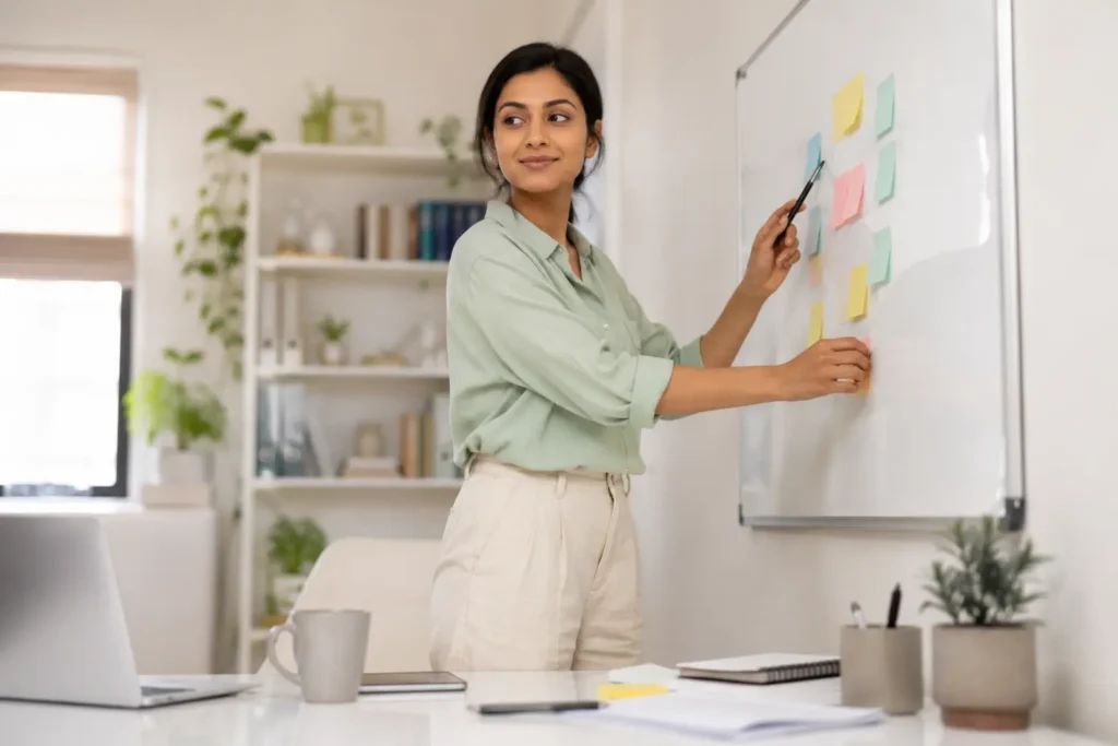 Woman organizing tasks on a whiteboard to reduce work-related stress.
