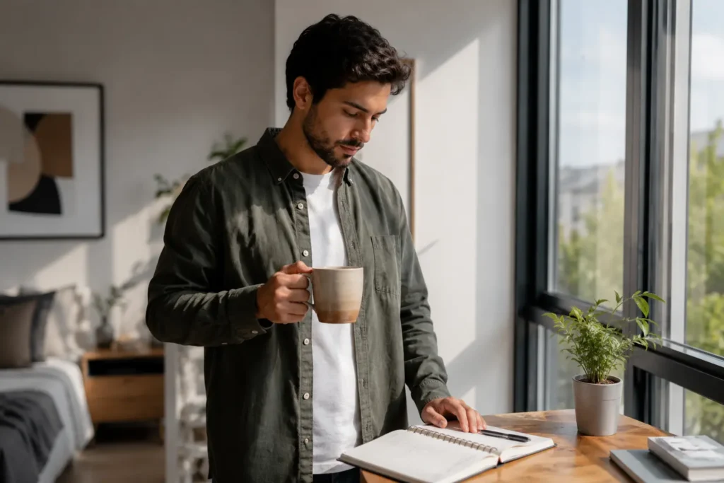 Man pausing calmly beside a window with a planner before handling a stressful task.