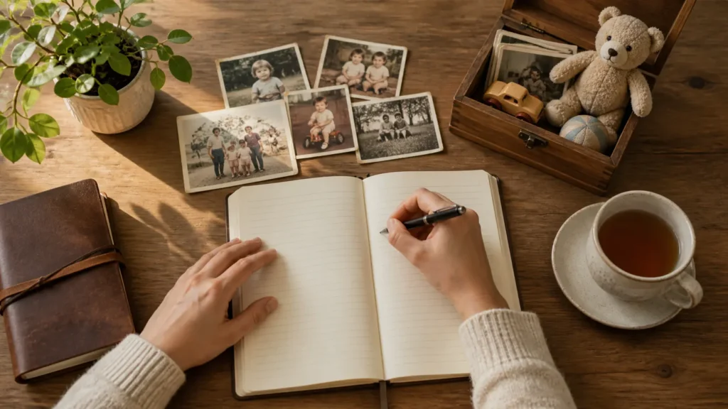 Person journaling beside childhood photos and keepsakes