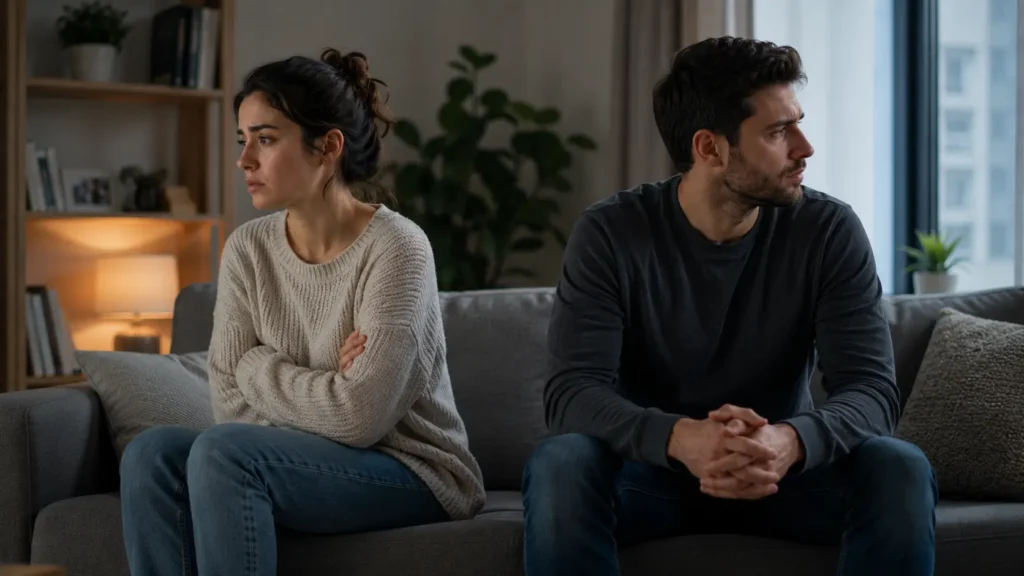 Couple sitting apart on a couch appearing emotionally disconnected due to relationship anxiety