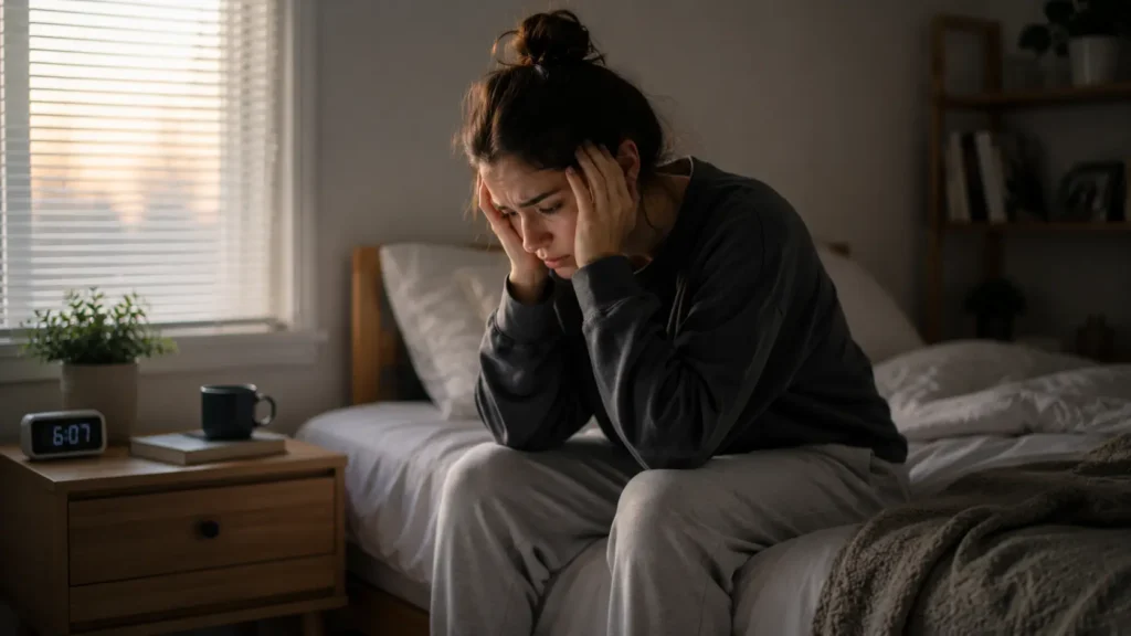Person sitting on bed holding their head while experiencing anxiety and racing thoughts