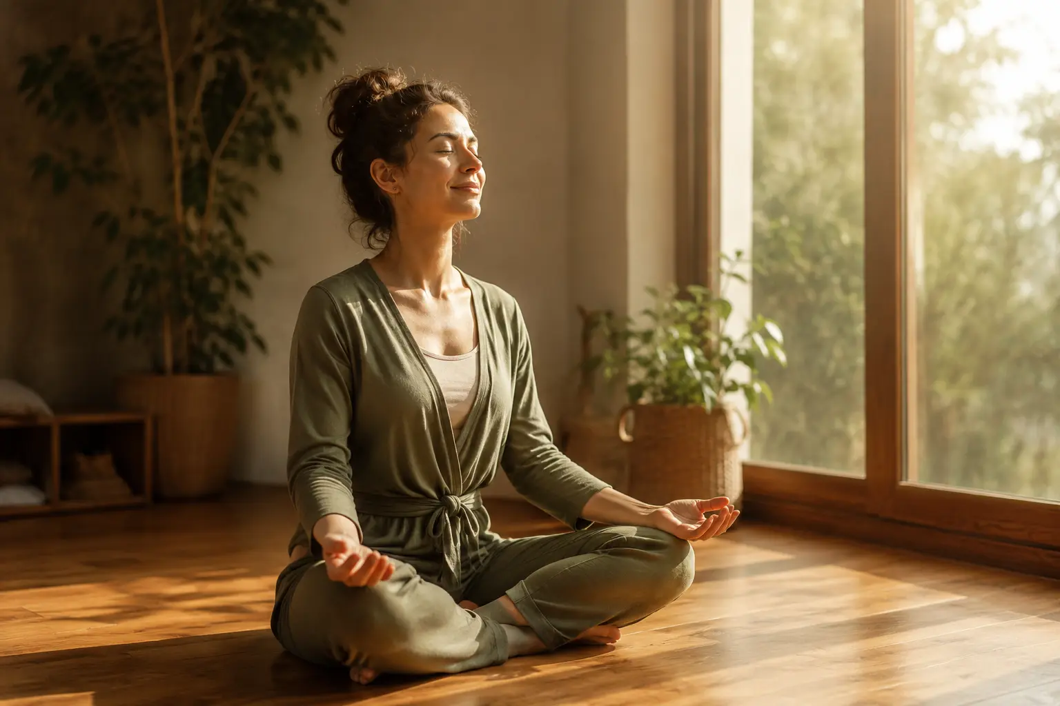 Woman sitting cross-legged with open palms in morning light — signs your body is releasing trauma