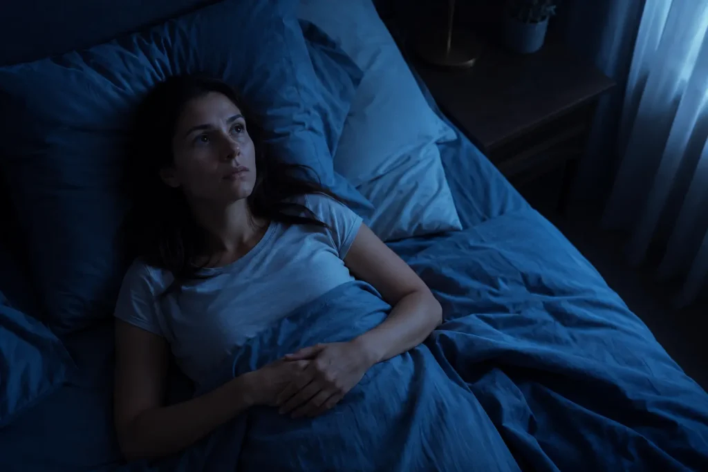 A woman lying awake in bed at night, staring at the ceiling, unable to
sleep due to racing thoughts and nighttime anxiety spiraling