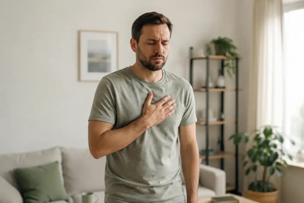 A man standing with his hand on his chest, eyes closed, experiencing the
physical stress response associated with anxiety and spiraling thoughts