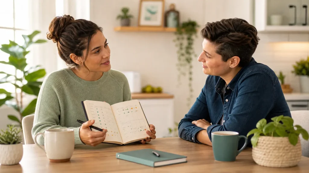 Supportive conversation helping someone manage bipolar disorder and daily coping