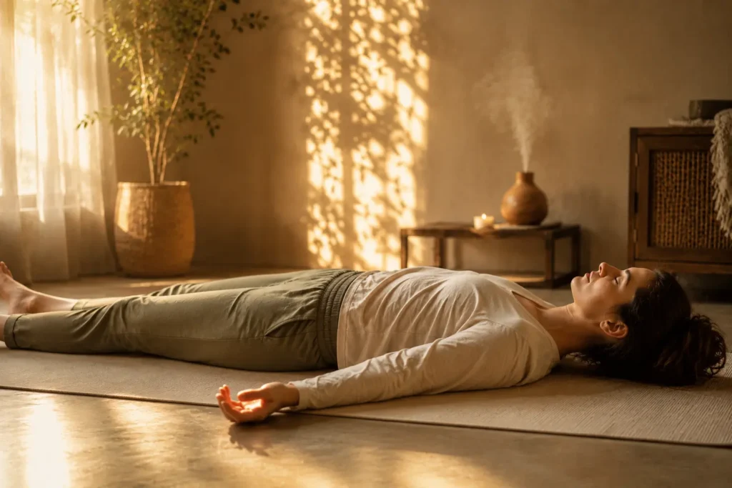 Woman in Savasana pose with open palms, representing nervous system rest and trauma healing