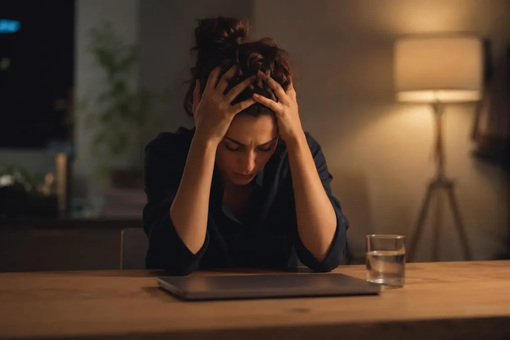 What Does Spiraling Mean? A young woman sitting at a desk at night, holding her head in her hands, experiencing the mental exhaustion of spiraling thoughts