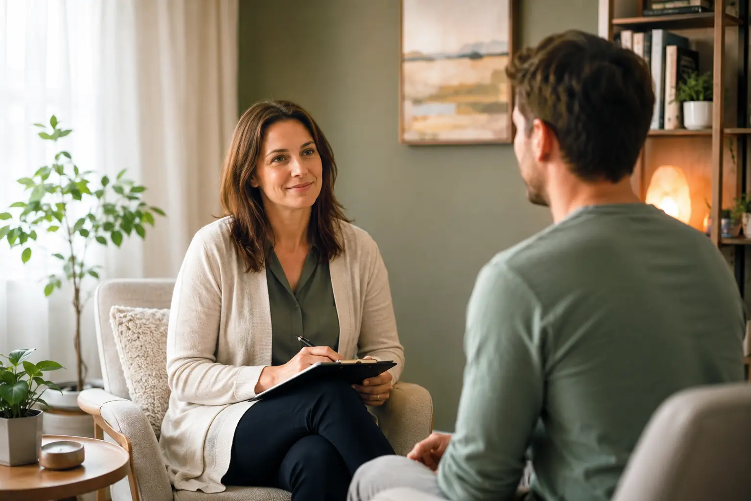 What Is a Biopsychosocial Assessment? A therapist and client in a warm wellness office during a biopsychosocial assessment intake session.