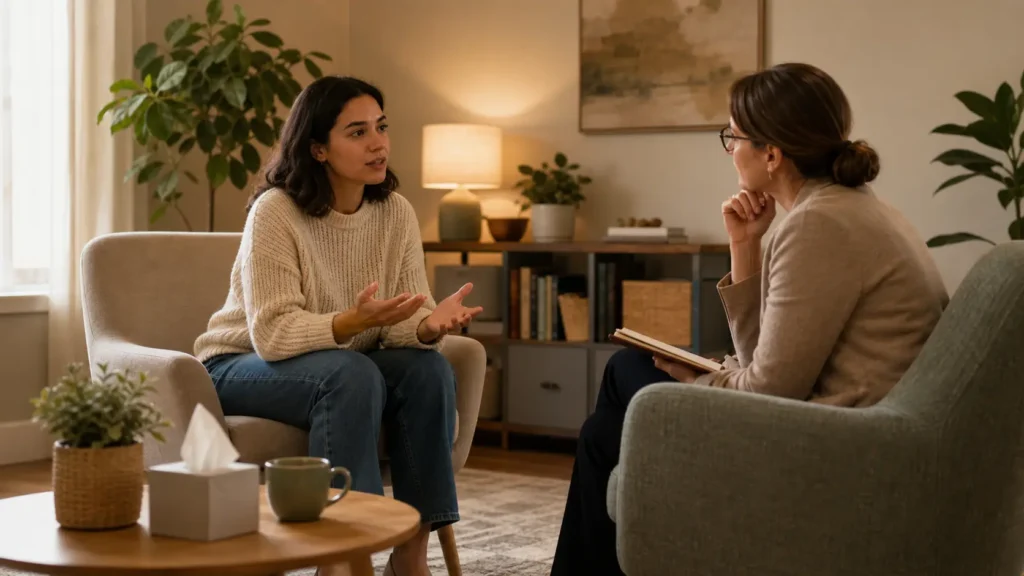 Adult talking with a counselor about childhood memory gaps