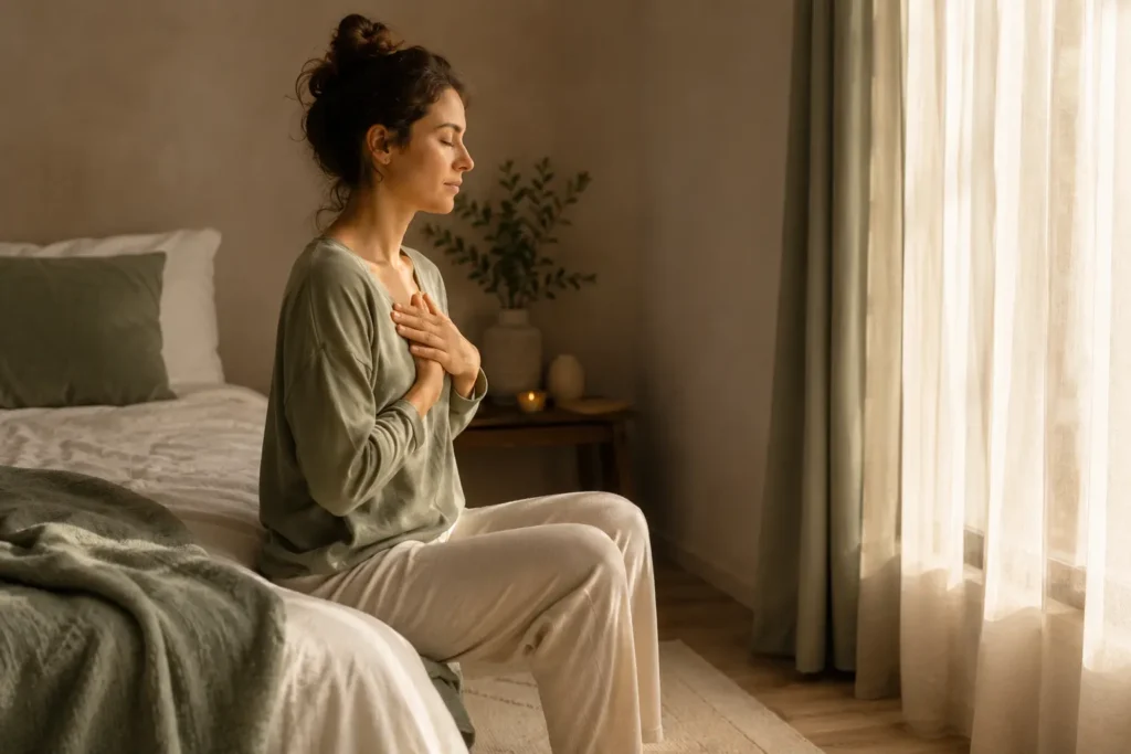 Woman with hands on heart showing where grief is stored in the body