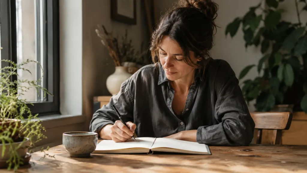 Woman journaling at a table, writing down her feelings to process and let go of the past