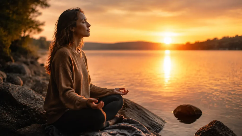 Woman sitting peacefully by a lake at sunset, practicing calm reflection while healing from the past