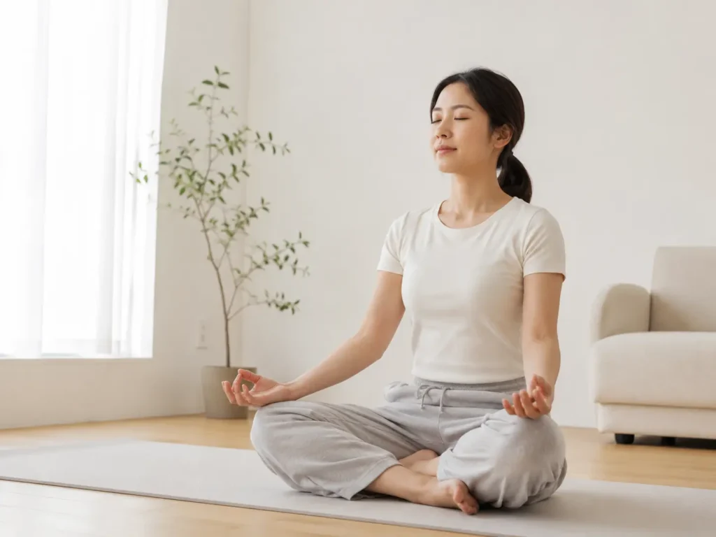 An Asian woman seated cross-legged with eyes closed, practicing mindfulness breathing to reduce anxiety and support mental wellness