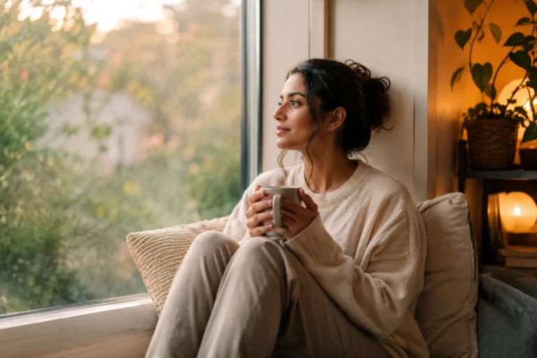 How to Fix Yourself Mentally. A woman sitting peacefully by a window with morning tea, representing the beginning of mental health recovery