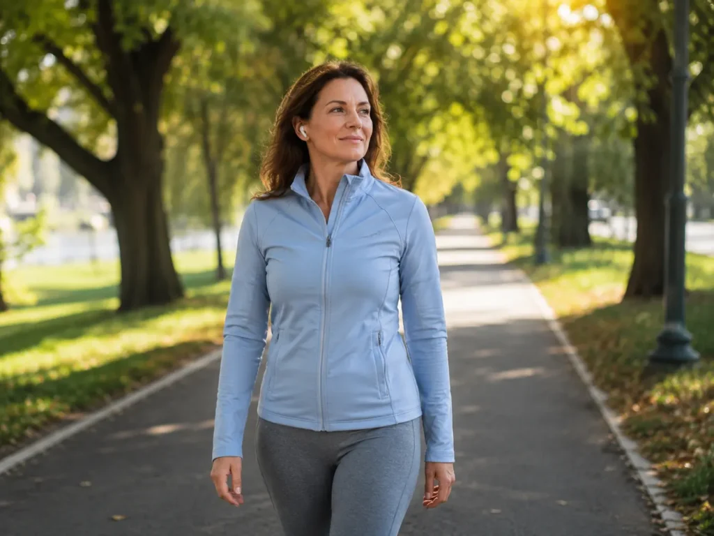 A woman walking calmly through a green park with earbuds in, showing how light exercise supports mental health recovery