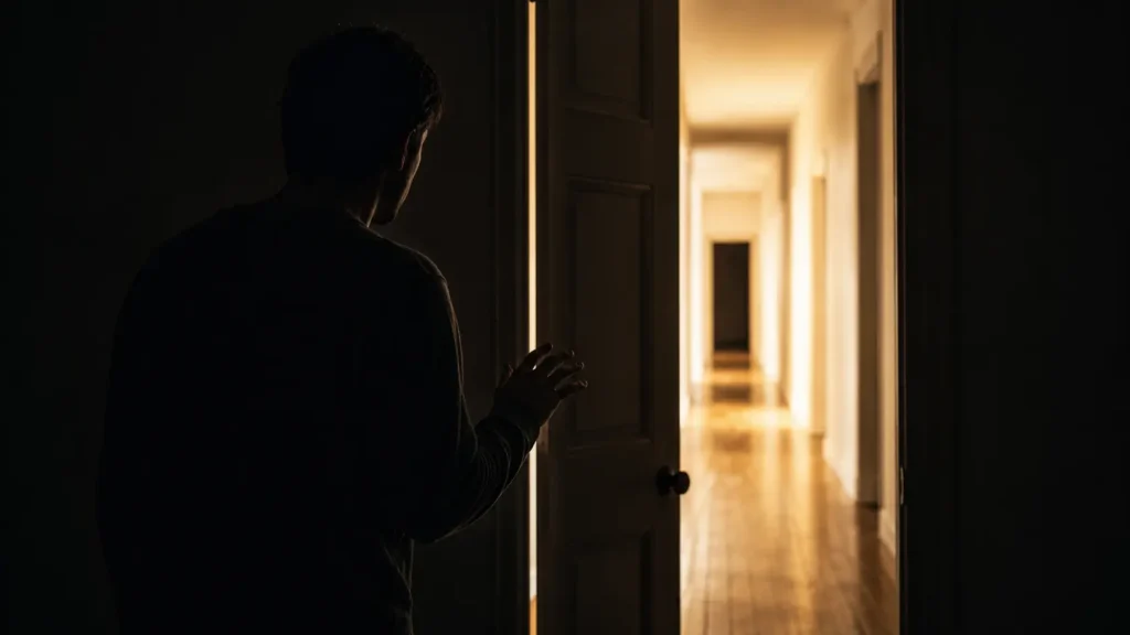 A silhouette standing in shadow looking toward light, symbolizing how childhood trauma causes adult attachment issues.