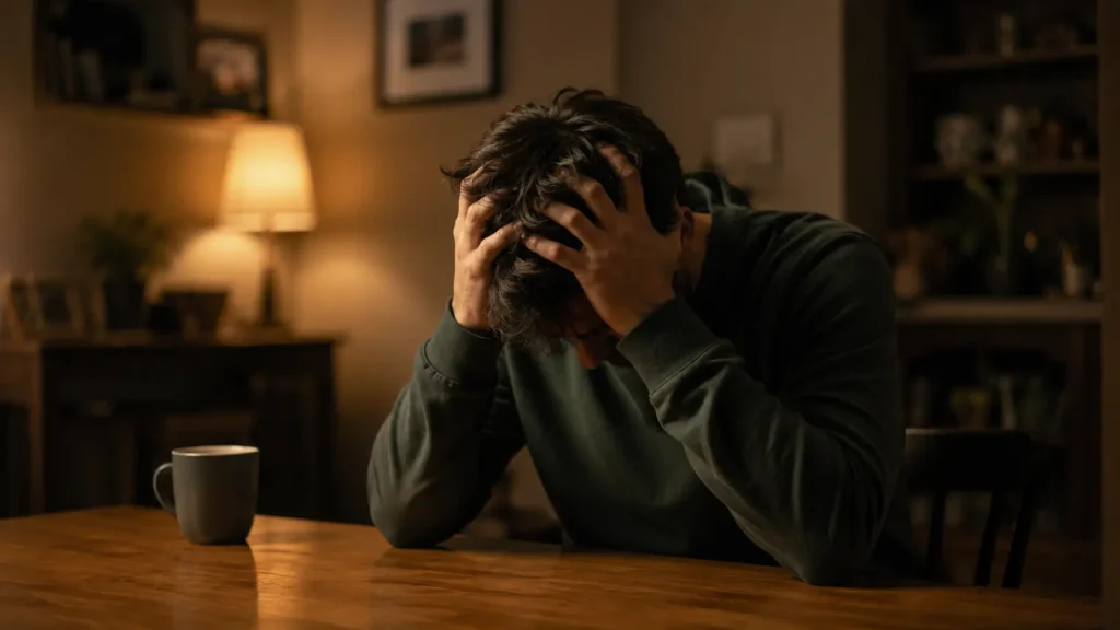 A stressed person holding their head in hands, illustrating the confusion of navigating the 4 types of attachment disorders.