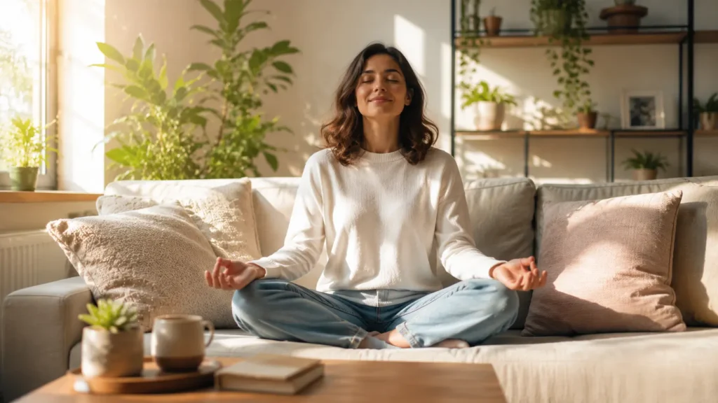 A peaceful adult meditating in a sunlit room, representing the healing journey from severe attachment trauma.